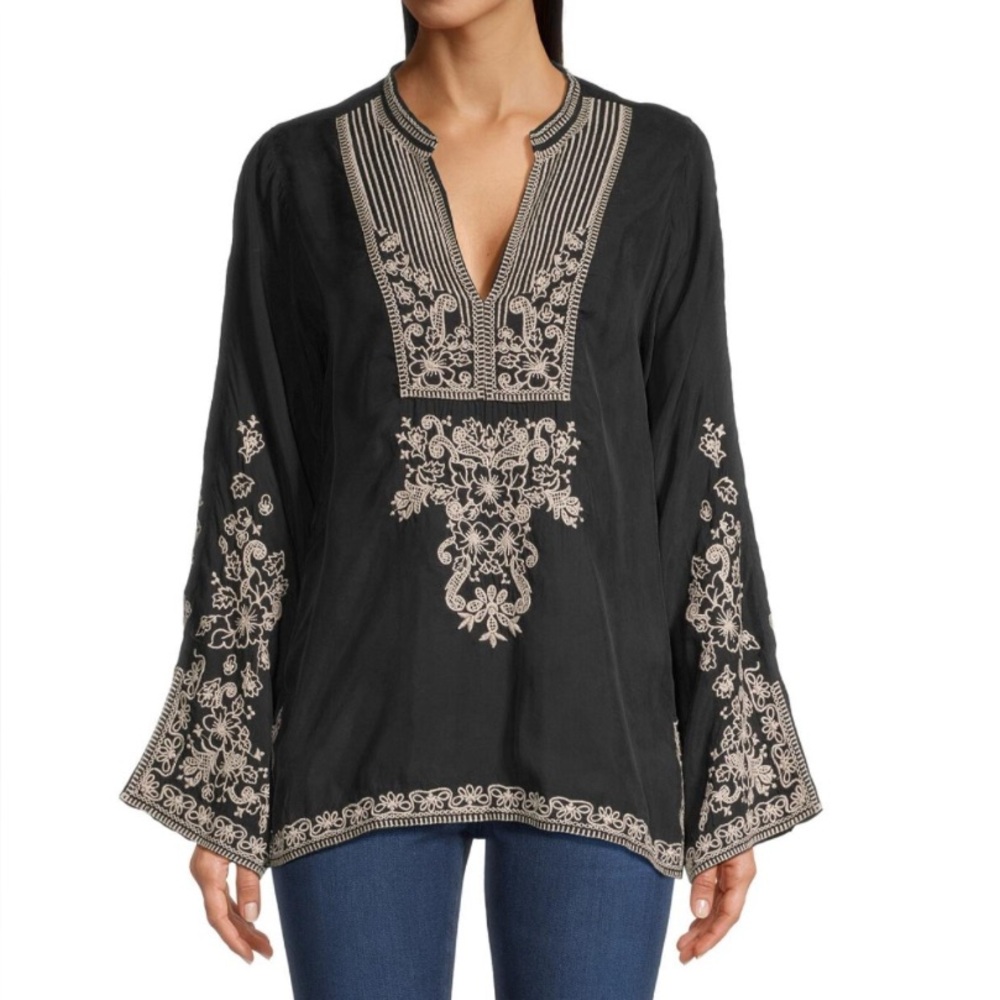 Johnny Was Black and Cream Embroidered Tempest Blouse